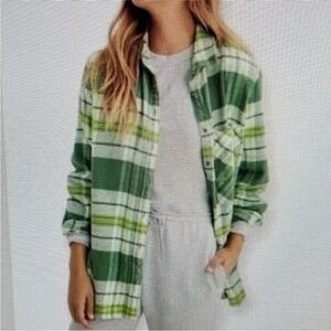 Aerie Oversized Green Plaid Flannel Button-Up Shirt Cozy Cabin XS